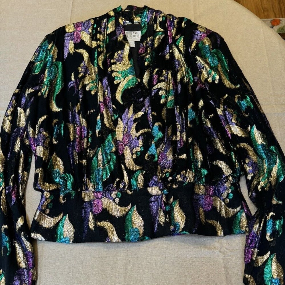 Vintage 1980's Anne Klein for New Aspects Metallic Wrap Plunge Blouse Sz 12